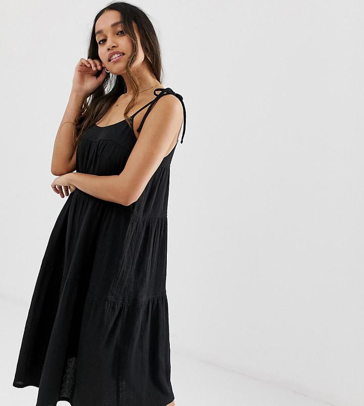 Asos Design Petite Cheesecloth Tiered Midi Sundress With Tie Straps - Black