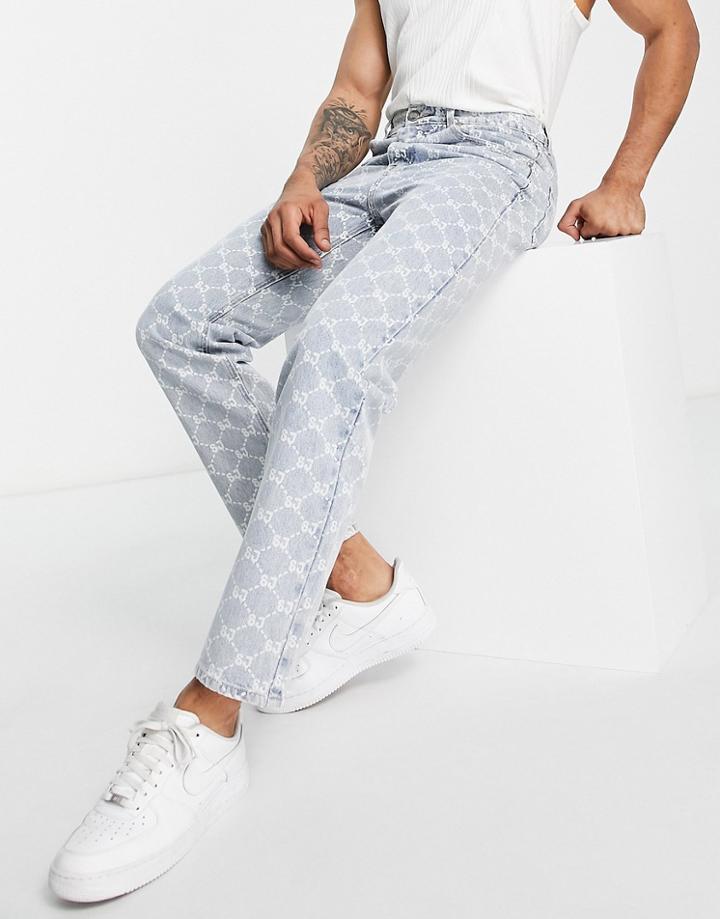 Sixth June Relaxed Fit Denim Jeans In Lightwash Blue With All Over Logo Print