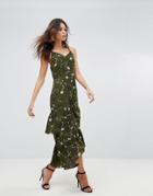 Ax Paris Drop Hem Maxi Dress With Frill Hem In Floral Print - Green