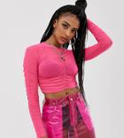 One Above Another Long Sleeve Top With Ruching In Neon Mesh - Pink
