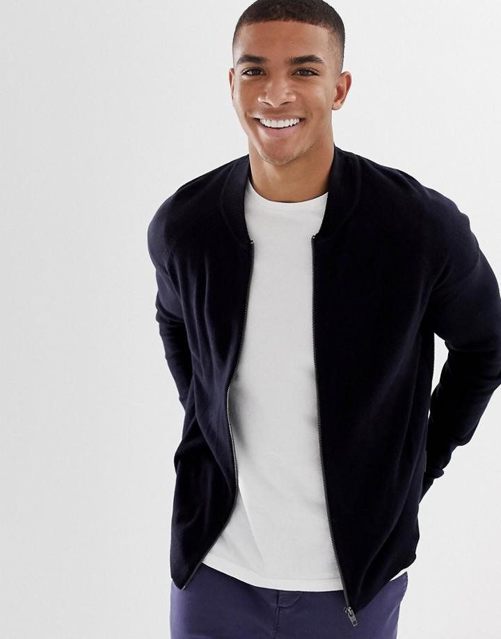 French Connection Zip Through Knitted Baseball Jacket-navy