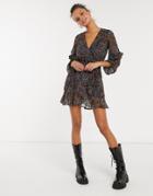 Influence Ruffle Detail Tie Waist Mini Dress In Floral Print-multi