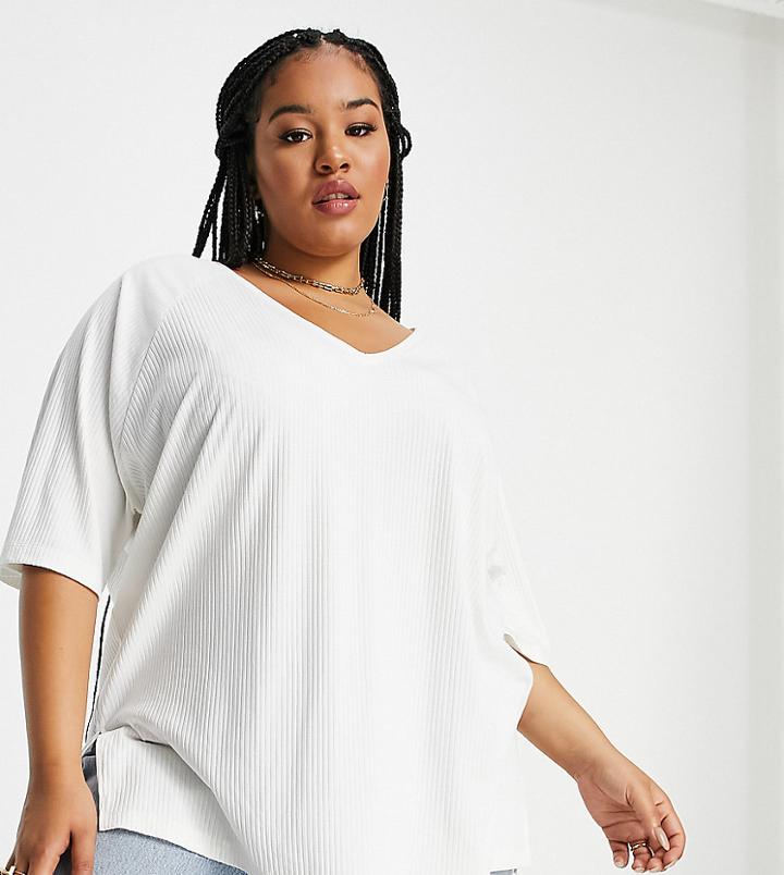 Asos Design Curve Oversized Top With V Neck In Rib In White