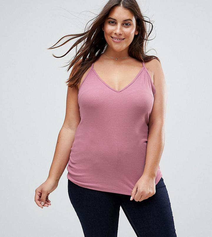 Asos Curve Skinny Strap Cami In Rib - Brown