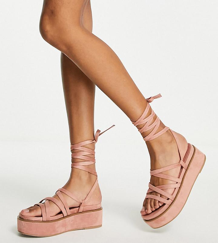 Asos Design Wide Fit Total Tie Leg Flatform Sandals In Taupe-neutral