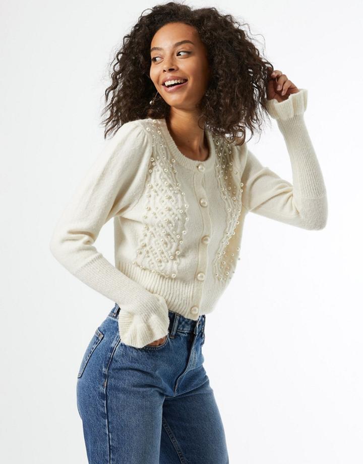 Miss Selfridge Cardigan With Pearl Detail In Cream-white