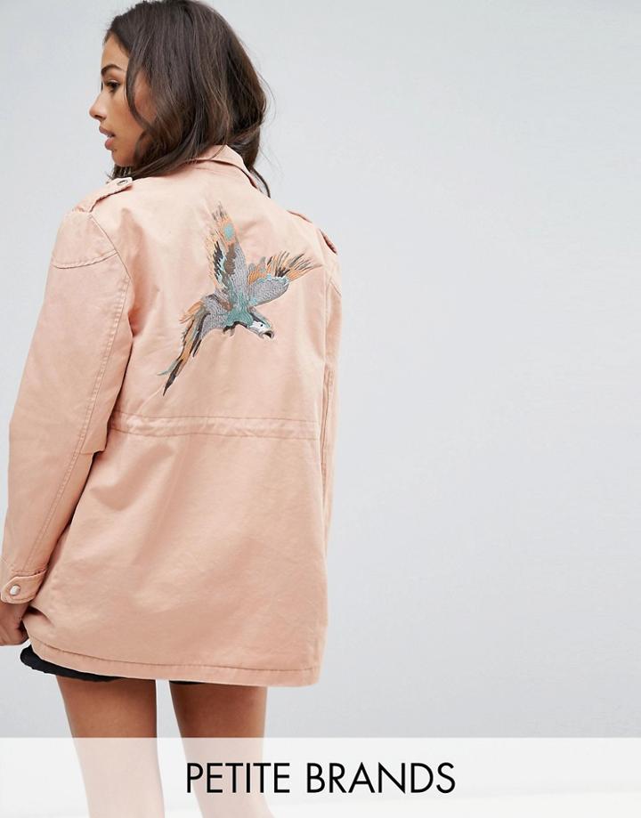 Noisy May Petite Lex Cargo Jacket With Bird Patches - Pink