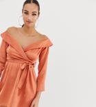 Missguided Off Shoulder Midi Dress In Peach Satin - Pink