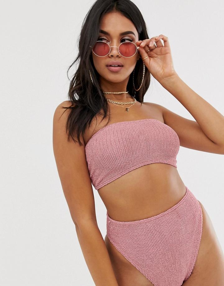 Asos Design Mix And Match Crinkle Bandeau Bikini Top In Shiny Dusky Pink - Pink