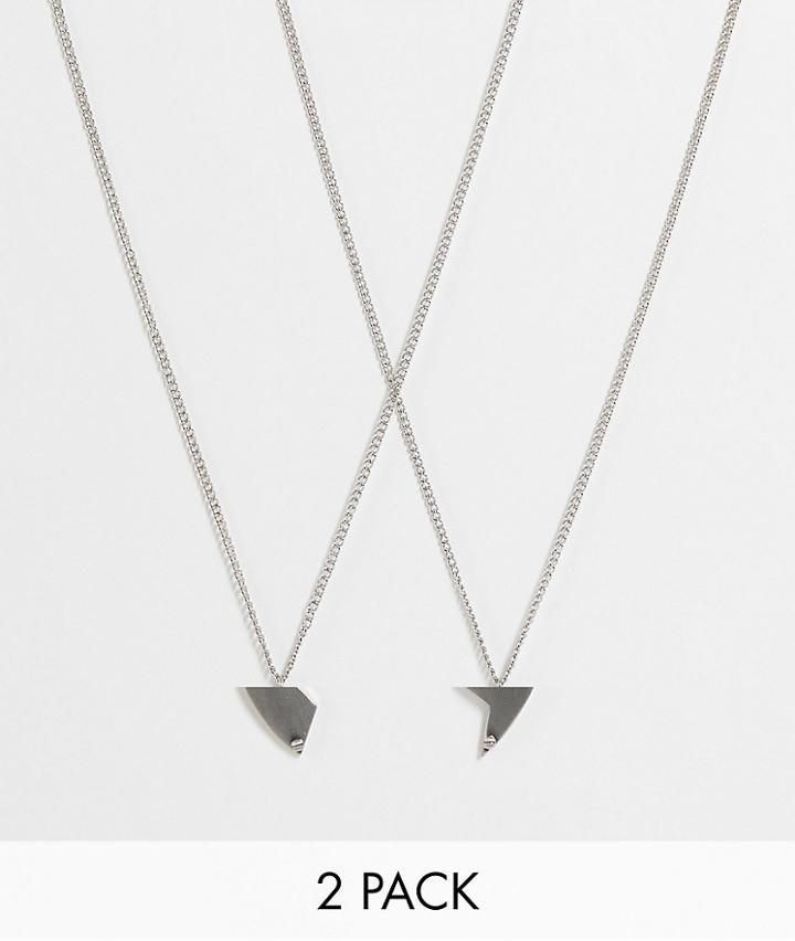Asos Design 2-pack Valentine's Necklace With Half And Half Heart Pendant In Silver Tone