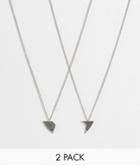 Asos Design 2-pack Valentine's Necklace With Half And Half Heart Pendant In Silver Tone
