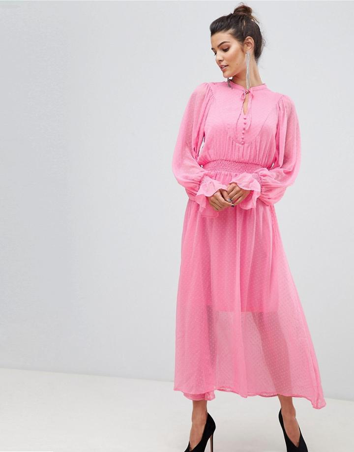 Y.a.s Tie Neck Chiffon Spot Maxi Dress - Pink