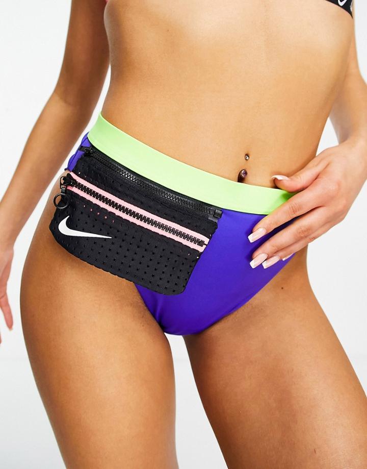Nike Swimming High Waisted Bikini Bottoms With Zip Pocket In Green And Blue