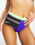 Nike Swimming High Waisted Bikini Bottoms With Zip Pocket In Green And Blue