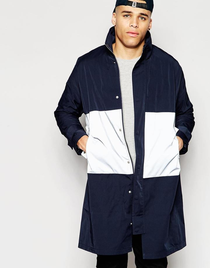Asos Parka Jacket Witth Reflective Stripe - Navy
