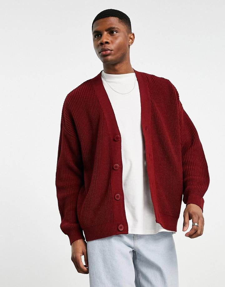 Asos Design Knitted Oversized Fisherman Rib Cardigan In Burgundy-red