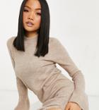 Asos Design Petite Knit Dress With Bell Sleeve Detail In Oatmeal-neutral