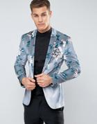 Asos Super Skinny Blazer In Velvet With Floral Print - Gray