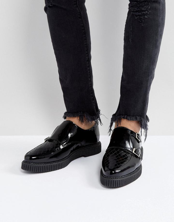 Asos Monk Creeper Shoes In Black Leather With Quilted Detail - Black
