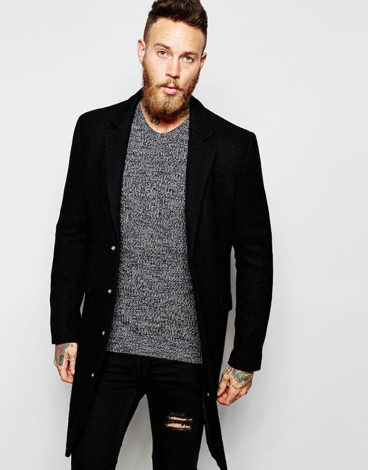 Asos Harris Tweed Overcoat In Black - Black