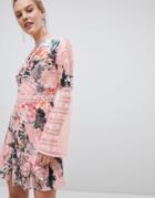 Liquorish Floral Ditsy Print Lace Skater Dress - Multi