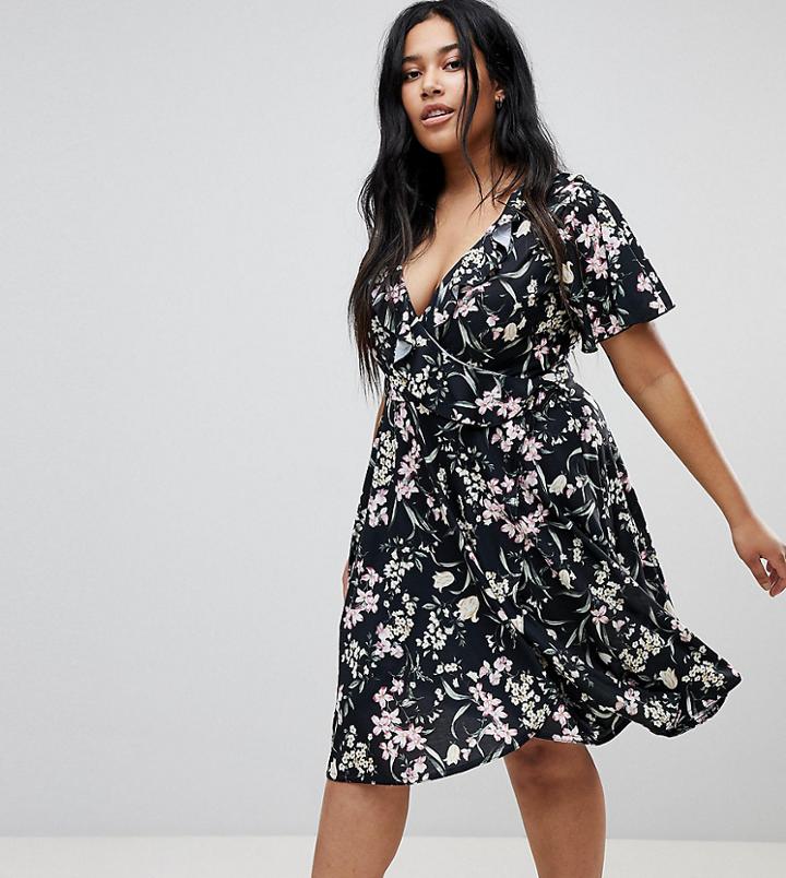 Missguided Plus Floral Wrap Midi Dress - Black