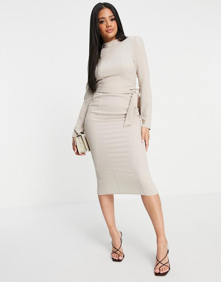 Asos Design Long Sleeve Midi Dress With Obi Belt In Stone-neutral