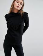 New Look Ruffle Long Sleeve Knit Sweater - Black