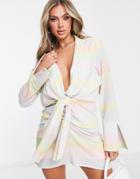 Na-kd X Lovisa Wallin Knot Front Mini Shirt Dress In Rainbow Stripe-multi