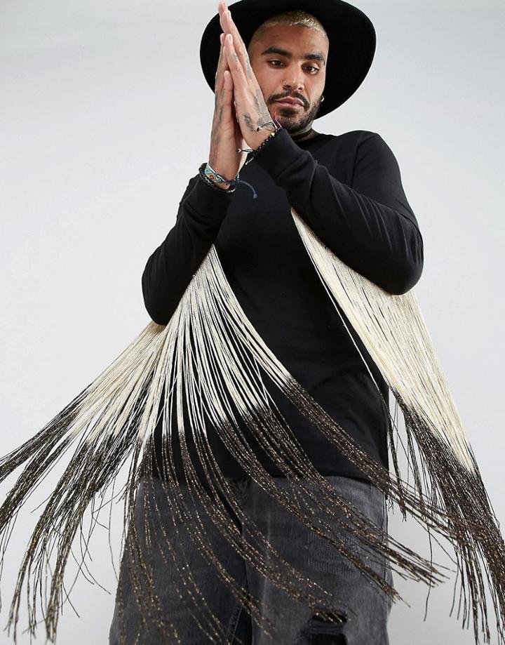Asos Festival Longline Long Sleeve T-shirt With Dip Dye Extreme Fringe Back - Black