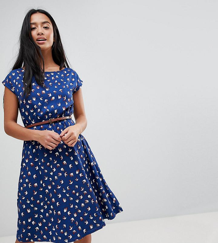 Yumi Petite Belted Skater Dress In Mini Swallow Print - Blue