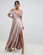 Asos Design Pleated Velvet Cold Shoulder Back Maxi Dress - Pink