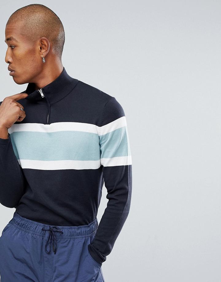 Asos Half Zip Knitted Sweater In Navy - Navy