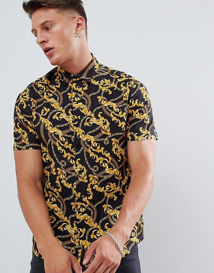 Asos Design Regular Fit Baroque Chain Print Shirt In Black - Black