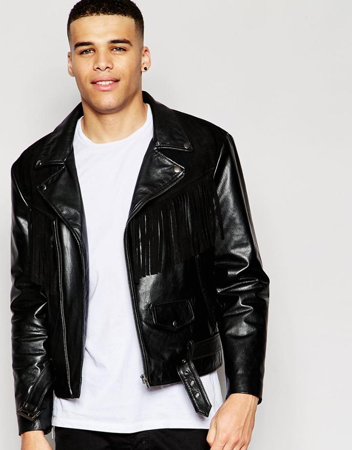 Asos Leather Jacket With Suede Fringe Detailing In Black - Black