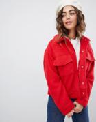 Monki Textured Short Jacket With Oversized Pockets In Red - Beige