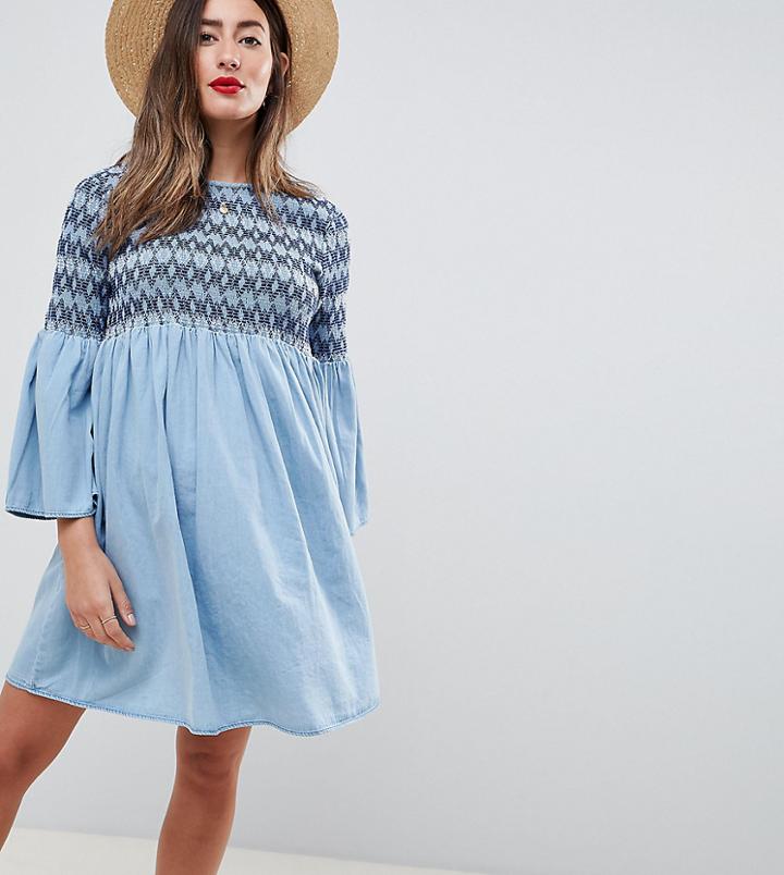 Asos Design Maternity Smock Dress With Embroidery In Midwash Blue - Blue