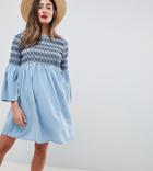 Asos Design Maternity Smock Dress With Embroidery In Midwash Blue - Blue