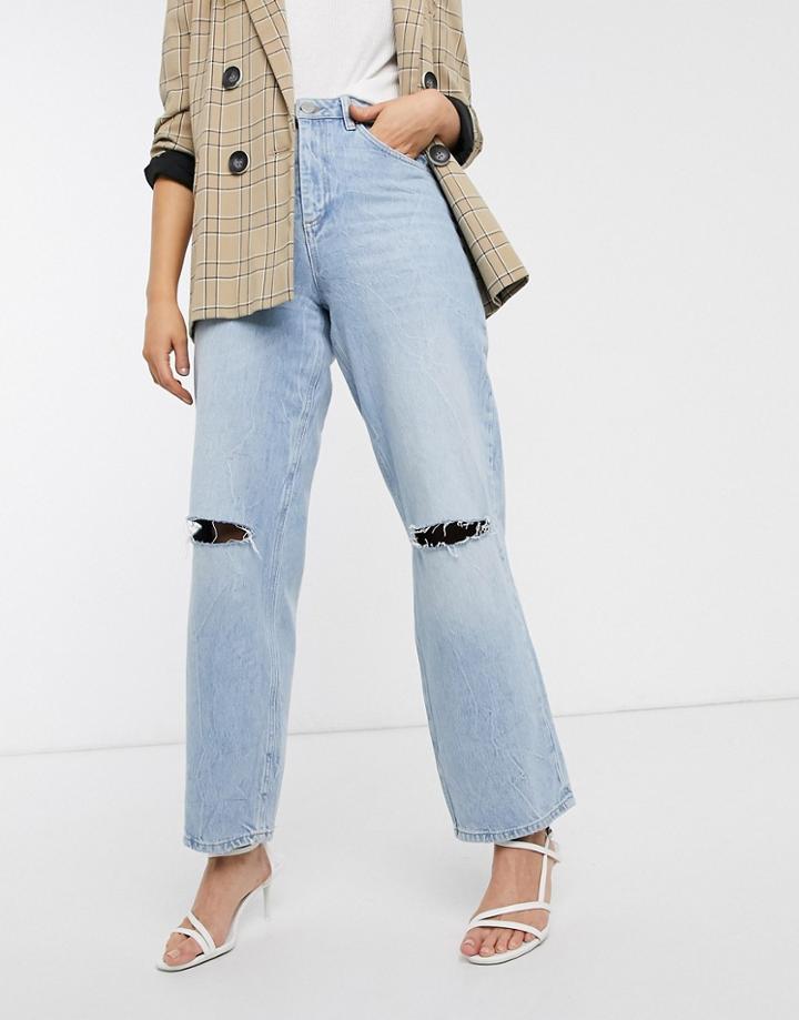 Asos Design High Rise 'relaxed' Dad Jeans In Vintage Light Wash With Rips-blue