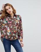 Asos Oversized Satin Shirt In Animal Floral - Multi