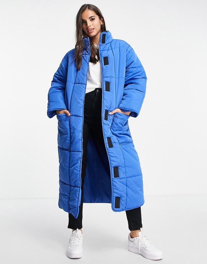 Asos Design Quilted Longline Puffer Coat In Cobalt-green