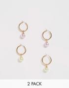Asos Design Pack Of 2 Hoop Earrings With Color Pearl Drop In Gold Tone - Gold