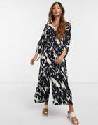 Asos Design Smock Jumpsuit With Tie Sleeve Detail In Blurred Animal Print-multi