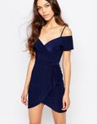 Love Wrap Dress With Cold Shoulder - Navy