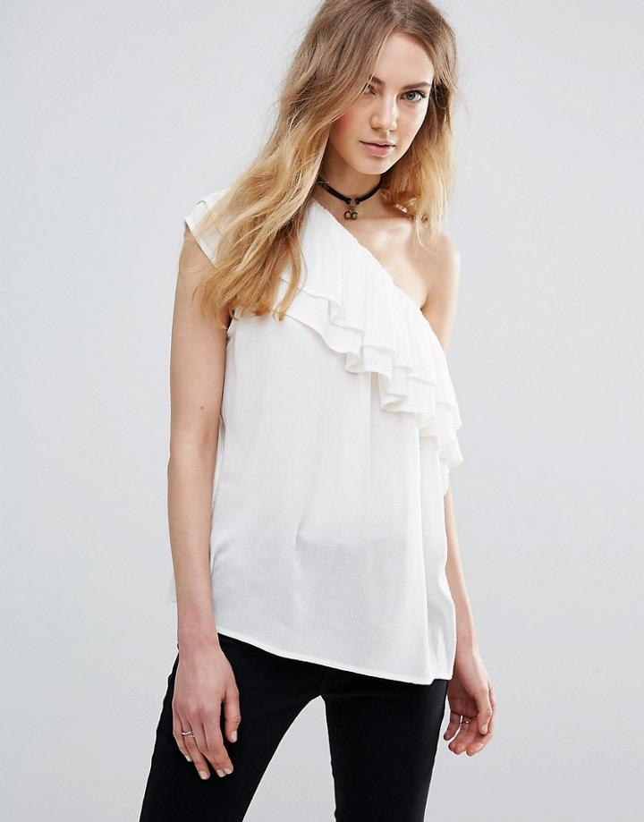Ichi One Shoulder Frill Sleeve Top - White