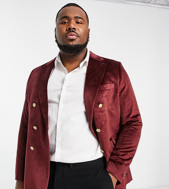 Gianni Feraud Plus Slim Fit Velvet Double Breasted Blazer-red