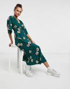 Liquorish Kimono Sleeve Wrap Midi Dress In Green Animal And Floral Print