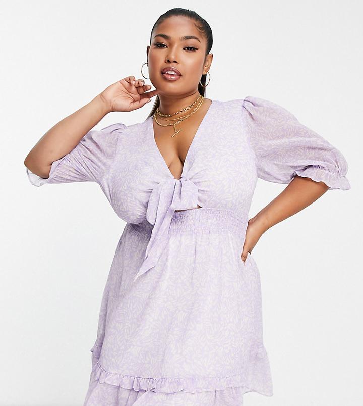 River Island Plus Tie Detail Shirred Mini Dress In Lilac-purple