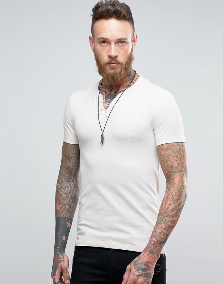 Asos Extreme Muscle T-shirt With Notch Neck In Beige - Beige