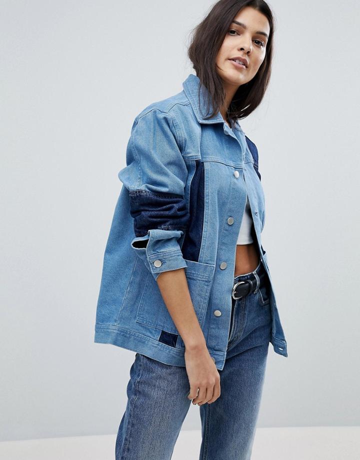Uncivilised Oversized Patchwork Denim Workers Jacket - Blue